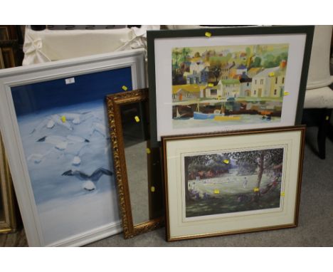 QUANTITY OF ASSORTED PRINTS TO INCLUDE A SIGNED VALENTINE-DAINES PRINT TOGETHER WITH A MIRROR 
