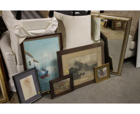 A QUANTITY OF PICTURES PRINTS AND MIRRORS TO INCLUDE DAVID HICKS 'THE DAWN OF DAY' PRINT