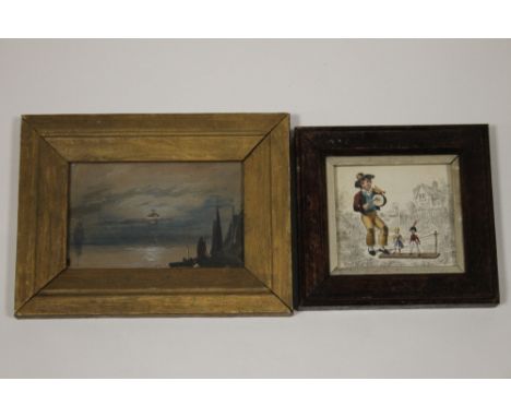 A SMALL FRAMED AND GLAZED COASTAL SCENE WATERCOLOUR TOGETHER WITH A SMALL OIL FRAMED PRINT