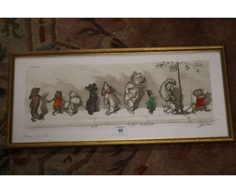 A FRAMED AND GLAZED O'KLEIN CHAMARAND SIGNED COMICAL PRINT OF DOGS
