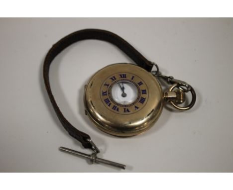 A VINTAGE GOLD PLATED HALF HUNTER POCKET WATCH WITH LEATHER STRAP 