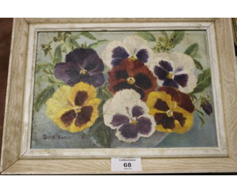 A VINTAGE FRAMED OIL ON BOARD DEPICTING PANSIES SIGNED DORA EVANS