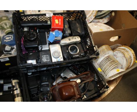 TWO BOXES OF VINTAGE CAMERAS AND ACCESSORIES PLUS A SMALL TRAY OF BINOCULARS ETC