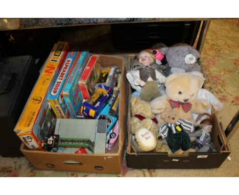 A TRAY OF VINTAGE GAMES &amp; DIECAST VEHICLES TOGETHER WITH A TRAY OF DOLLS &amp; BEARS ETC