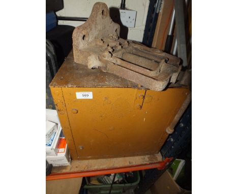 A CAST METAL STORAGE BOX TOGETHER WITH A VINTAGE RECORD CLAMP