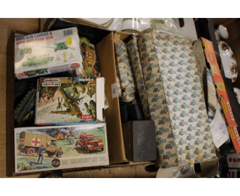 A BOX OF VINTAGE SCALEXTRIC TOGETHER WITH A QUANTITY OF BOXED AND UNBOXED AIRFIX MODELS
