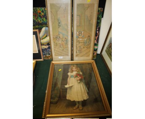 A PAIR OF ORIENTAL FRAMED AND GLAZED PAINTINGS ON SILK TOGETHER WITH A PRINT OF A GIRL S/D
