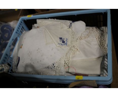 A BOX OF VINTAGE LINEN
