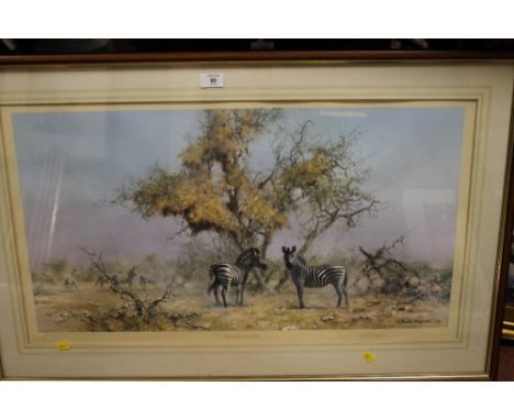 A SIGNED  FRAMED AND GLAZED DAVID SHEPHERD PRINT ENTITLED 'ZEBRAS AND COLONY WEAVERS'