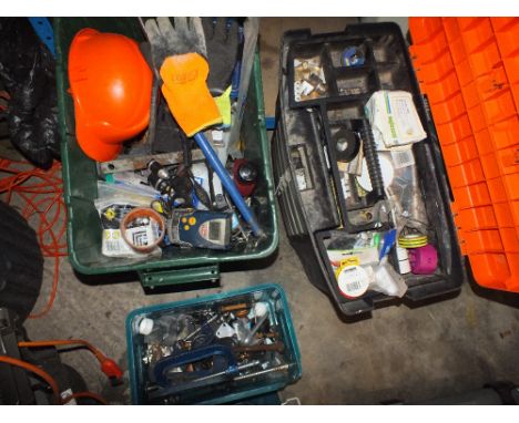 A TOOLBOX PLUS CONTENTS TOGETHER WITH 2 BOXES TO INCLUDE CLAMPS, TOOLS ETC