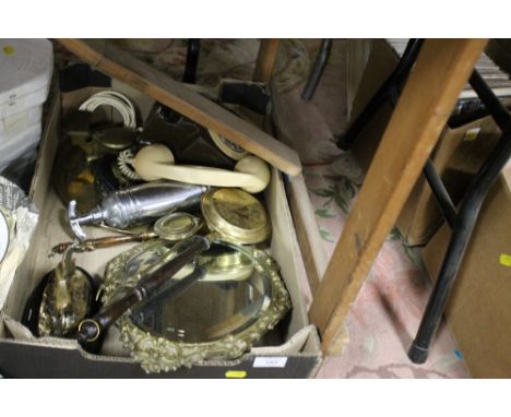 A BOX OF VINTAGE METALWARE ETC