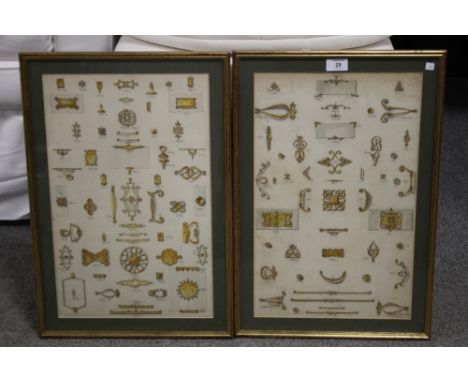 A PAIR OF FRAMED AND GLAZED VINTAGE WATER COLOURS OF LOCK AND HINGE DESIGNS