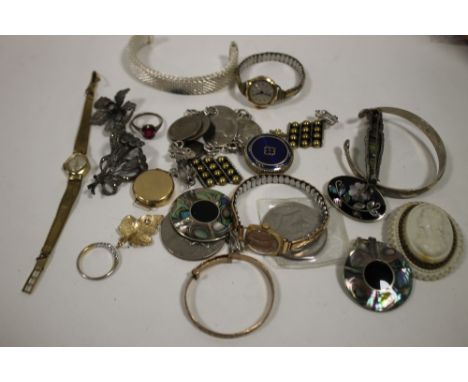 A BAG OF VINTAGE JEWELLERY AND WATCHES ETC. 