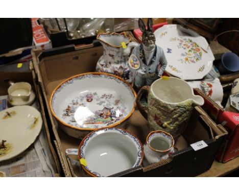 A TRAY OF CERAMICS TO INCLUDE MASONS IRONSTONE, AN UNUSUAL RABBIT DECANTER ETC