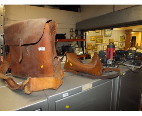 TWO VINTAGE LEATHER TOOL BAGS AND CONTENTS TOGETHER WITH THREE POWER TOOLS