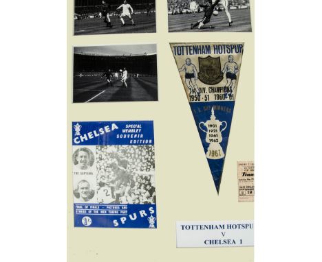 Tottenham Hotspur, a framed and glazed celebration of the 1967 FA cup final win that includes programme, pennant, nine photog