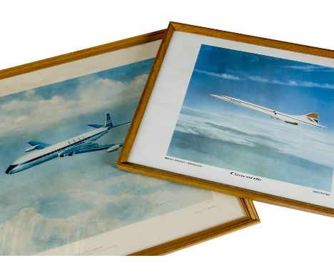 Aviation, a Concorde BAC print 37cm x 50cm together with 4 airliner prints, Hawker Siddeley Trident 3B, VC10, Vickers Super V