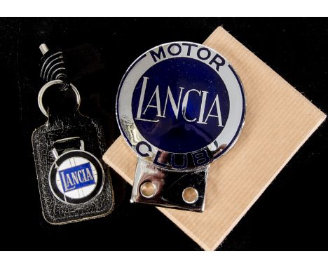Motoring, a Lancia Motor Club, circular badge bar badge in chrome and blue enamel together with a Lancia enamel and leather k