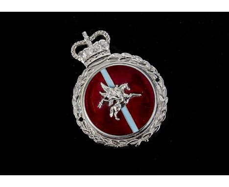 Motoring, a vintage 1960, Airborne Forces, car badge. In maroon and blue enamel with a chrome central mounted Pegasus with wa