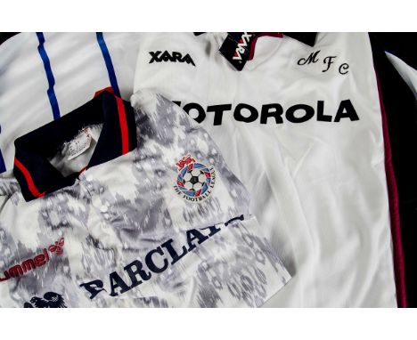 Football shirts, ten with logos, grey (Sharp) L, white ( Panasonic)  XL, blue/white stripes (Lakeside) XL, light/dark blue (P