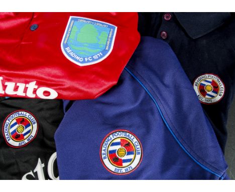 Reading FC shirts, ten with logos, yellow (Westcoast) 42/44, white (Westcoast) L, dark blue (Kyocera) L, light blue (Westcoas