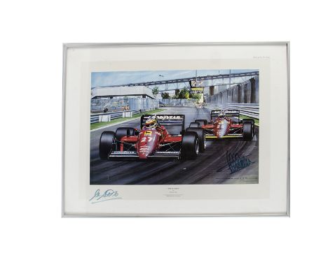Motor Racing, Nicholas Watts " The Red Line" artist original signed print c1985, depicting the newly launched turbo Ferrari F