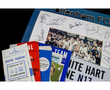 Tottenham Hotspur, a photograph of 1999 winning team edged by signatures and a card frame, metal White Hart Lane sign, numero