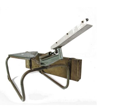 Shooting, a vintage Bowman clay pigeon trap, on sled stand together with a good quality canvas shotgun case with fitted inter