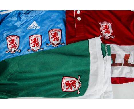 Middlesbrough FC, nine shirts, one green short M plus signed kit promo poster, six short sleeved, red white trim S 888.com lo