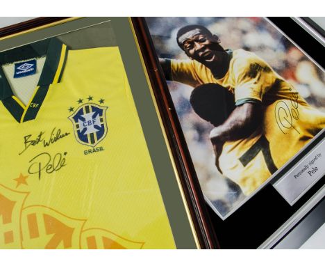 Pele, framed and glazed Brazil shirt 23" X 25" signed together with a signed Pele print 23" X 27" both with a certificate of 