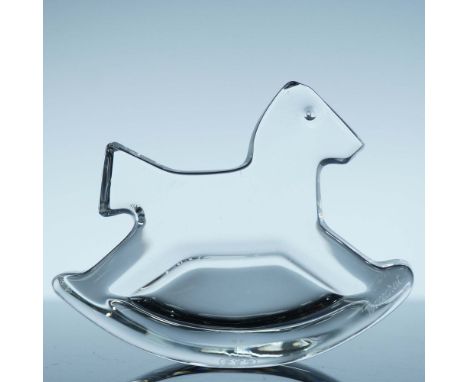 Charming crystal rocking horse figurine by Baccarat, designed with sleek minimalist lines in clear crystal. This stylized for