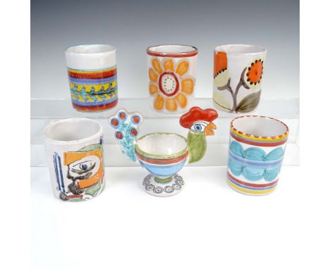 Set of six hand painted ceramic pieces by Italian artist Giovanni DeSimone including five cylindrical mugs and one figural ch