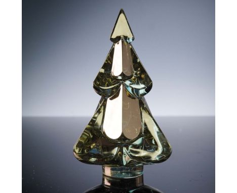 Baccarat crystal Noel figurine featuring a stylized Christmas tree rendered in rich amber-colored crystal. This elegantly fac