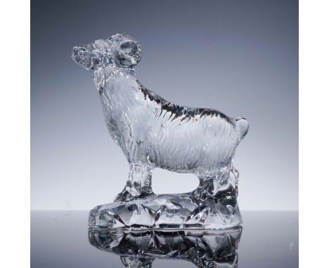 Baccarat crystal figurine of a ram, masterfully sculpted in clear French crystal with finely detailed curled horns, textured 