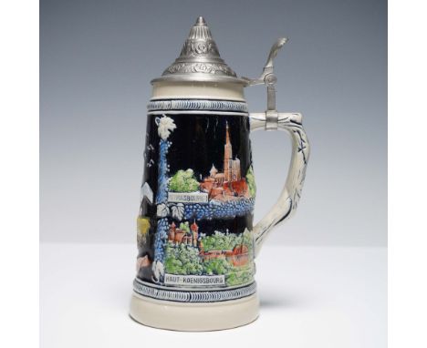 Vintage German beer stein featuring detailed raised-relief scenes of Strasbourg Cathedral and the Château du Haut-Koenigsbour
