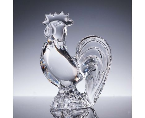 This exquisite Baccarat crystal rooster figurine showcases a proud, sculptural form with masterful detailing from comb to cla