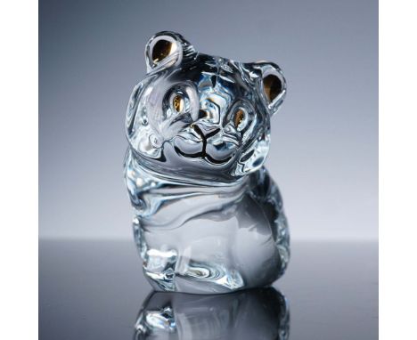 Baccarat crystal figurine of a panda bear, elegantly crafted in clear French crystal with gold enamel accents on the eyes and