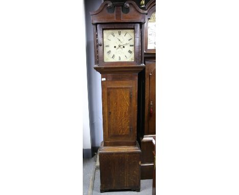 19th century crossbanded oak eight day longcase clock, the hood with swan-neck pediment and fluted columns enclosing a floral