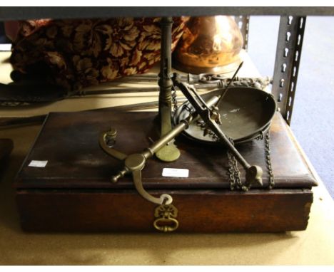 Large set of brass and mahogany apothecary scales by WT Avery drawer with various weights, presentation shove halfpenny board