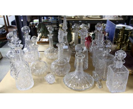 Collection of glass decanters, including a ship's decanter, 26 cm high, waisted decanter, 30 cm high, three other square deca