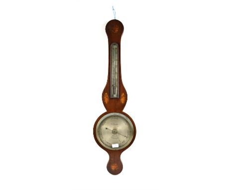 19th century inlaid mahogany banjo barometer, with shell motifs, the thermometer over a silvered dial inscribed A. Fragiola, 
