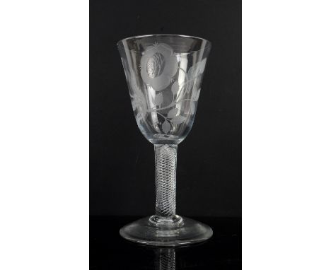 Large air-twist wine goblet, the bowl etched with thistle rose and moth, 21.5 cm highCondition Report:  modern, in good condi