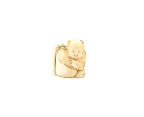 A Japanese Netsuke , Meiji Period, Circa 1880 Carved Ivory representing a man with a bag 3.7 X 3.4 cm, Comes with a Dutch cer