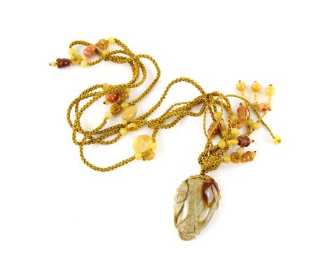 Chinese jade carved pendant in the form of a bat on corn, 5.2 x 3.3cm, threaded on a yellow corded necklace with integrated h