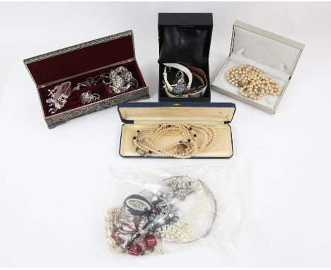 Costume jewellery, including, seven paste set rings, three are silver, with three faux pearl necklaces, one in a H.Samuel box