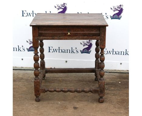 Oak side table, parts 17th century, the moulded drawer on bobbin turned legs and stretchers, H72 W66 D56 cm 