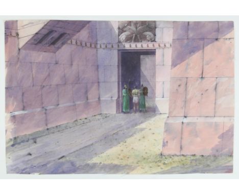 Paul Birkbeck 1939-2019, A classical Greek figure approaching an entrance with two guards on duty, 35 x 53 cms, not signed,AB