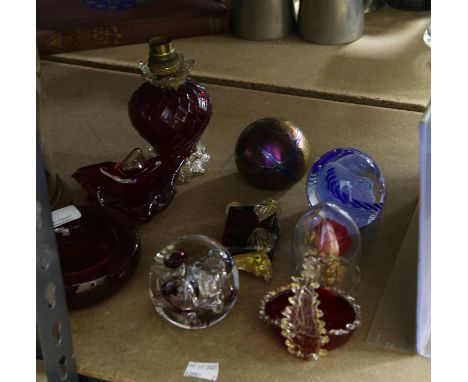 Glass dome on wooden stand (cracks to glass), h30cm, and a collection of glassware to include two glass ashtrays, three glass