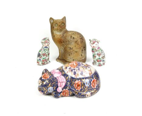 Studio pottery seated cat with signature to the inside, 32cm, together with three other ceramic cats
