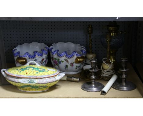 Pair of hand painted cachepot, 20th century Chinese tureen and cover, oil lamp base,a pair of silver Asprey candlesticks (fit